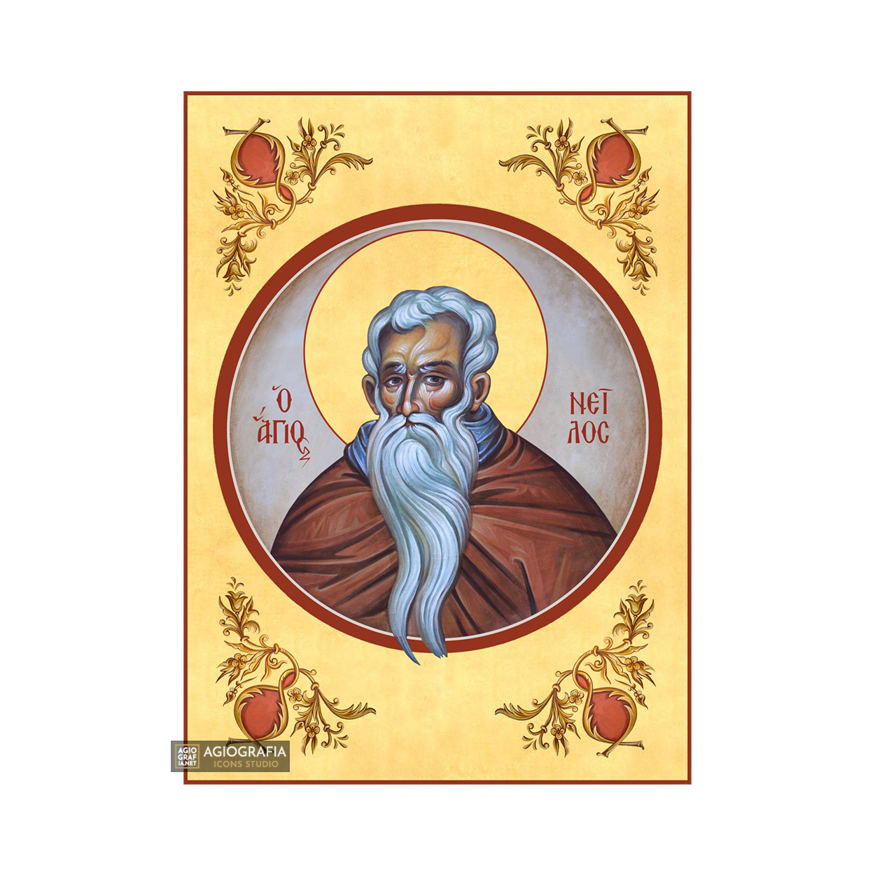 22k Saint Neilos Christian Orthodox Icon with Gold Leaf Background
