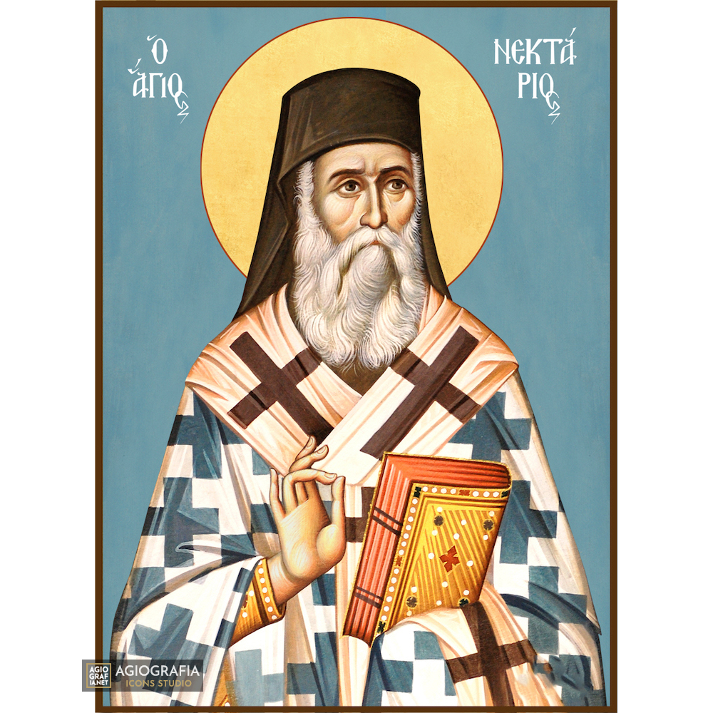St Nektarios Christian Orthodox Icon with Blue Background
