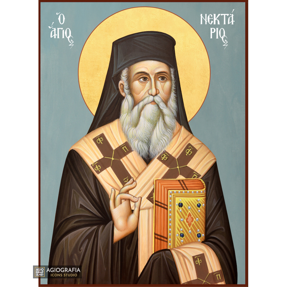 St Nektarios Christian Orthodox Icon with Blue Background