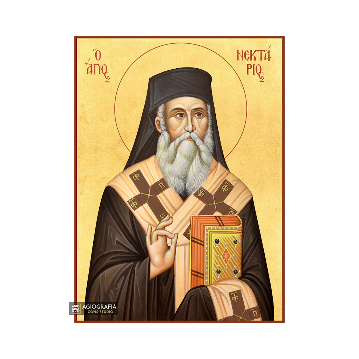 22k St Nektarios - Gold Leaf Background Christian Orthodox Icon