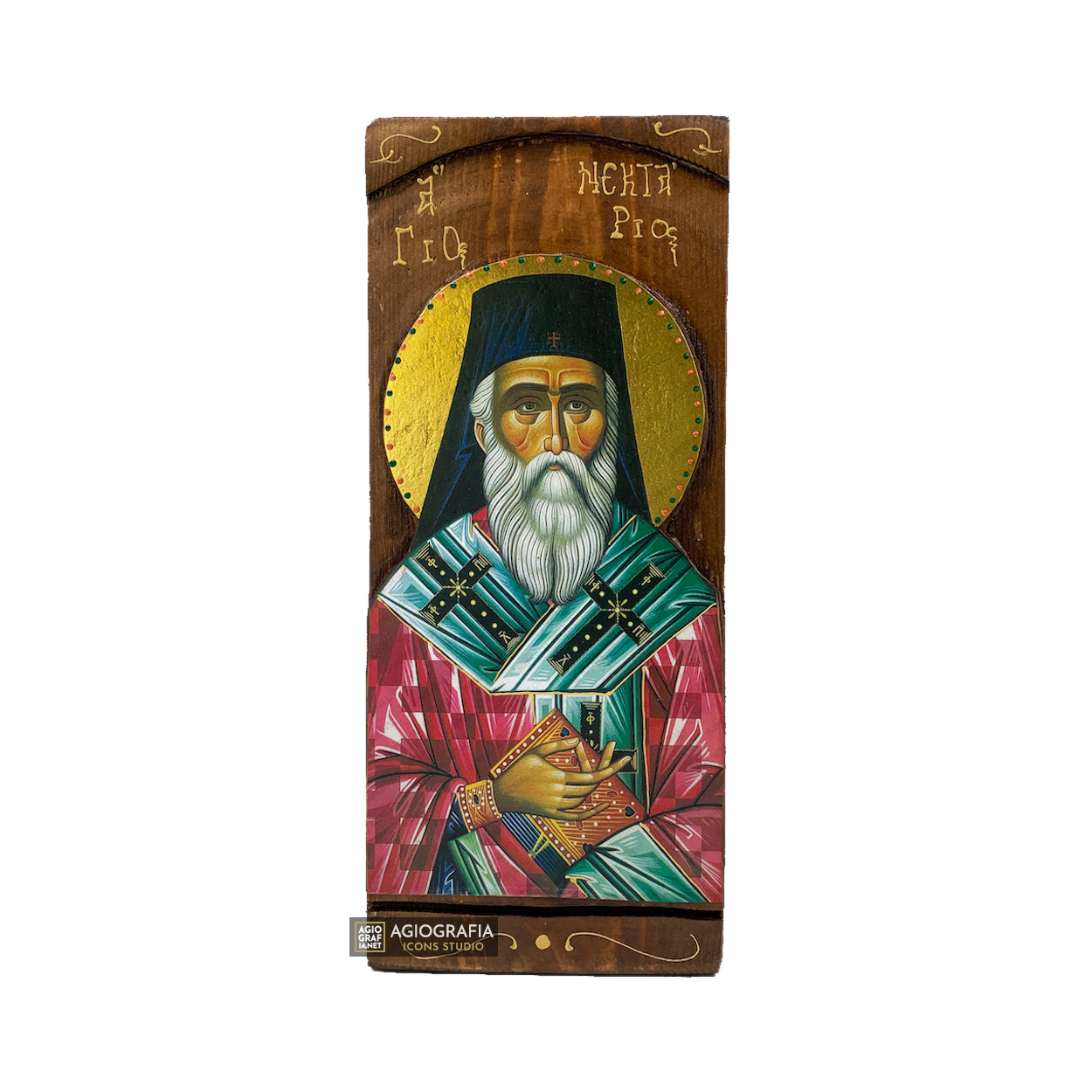 St Nektarios Byzantine Greek Gold Print Icon on Carved Wood