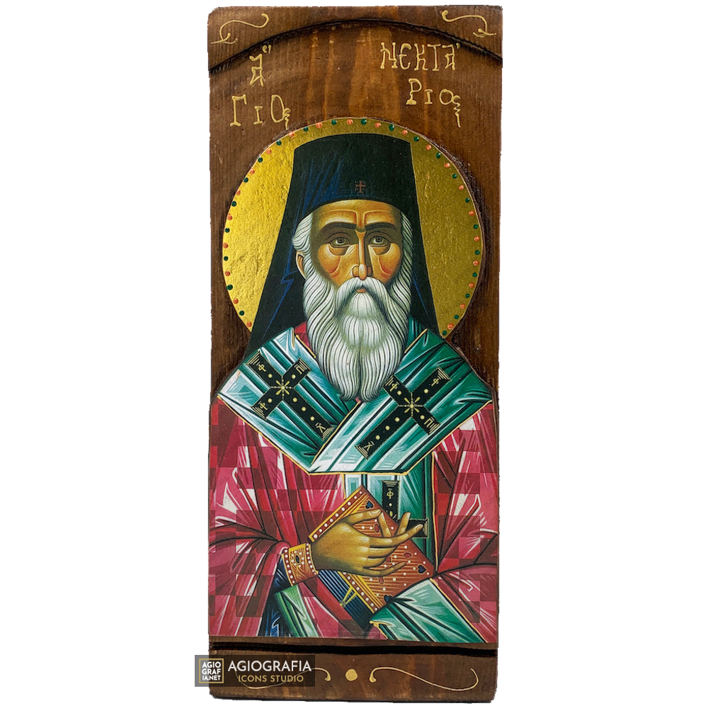 St Nektarios Byzantine Greek Gold Print Icon on Carved Wood