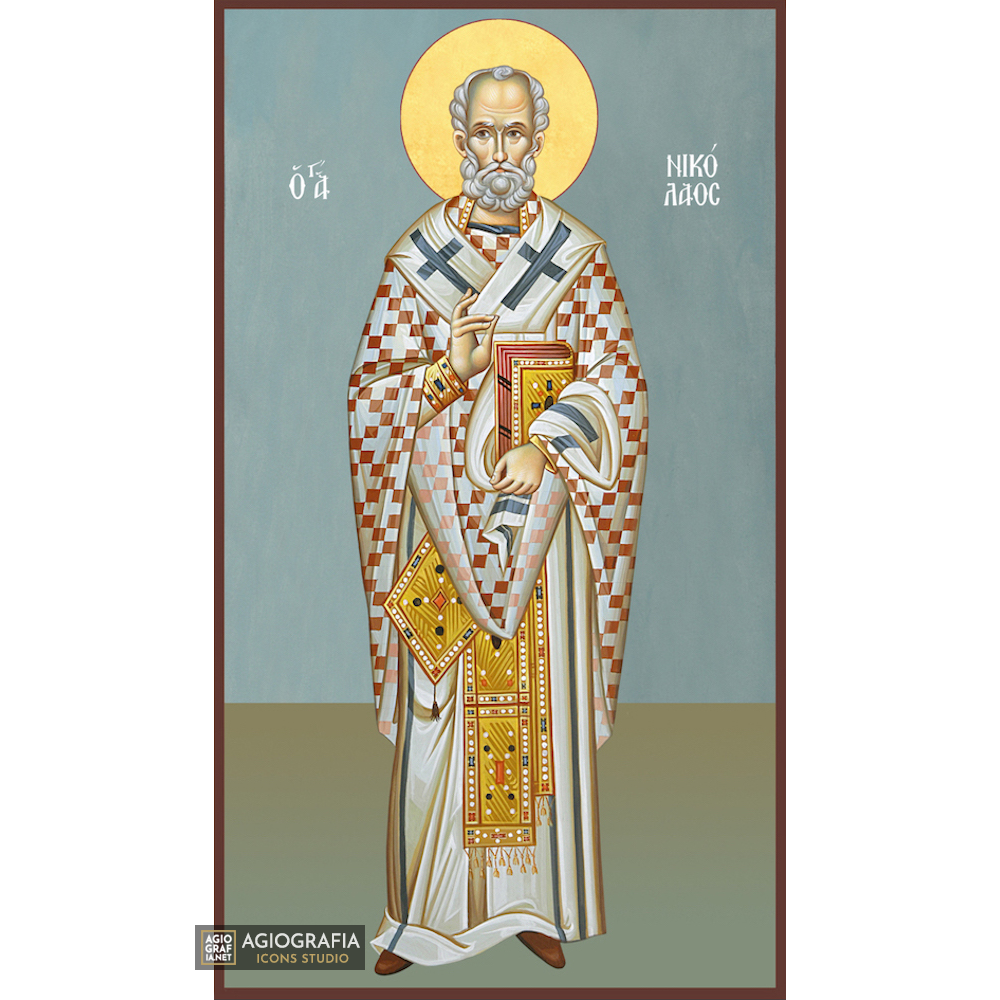 St Nicholas Christian Byzantine Wood Icon with Blue Background