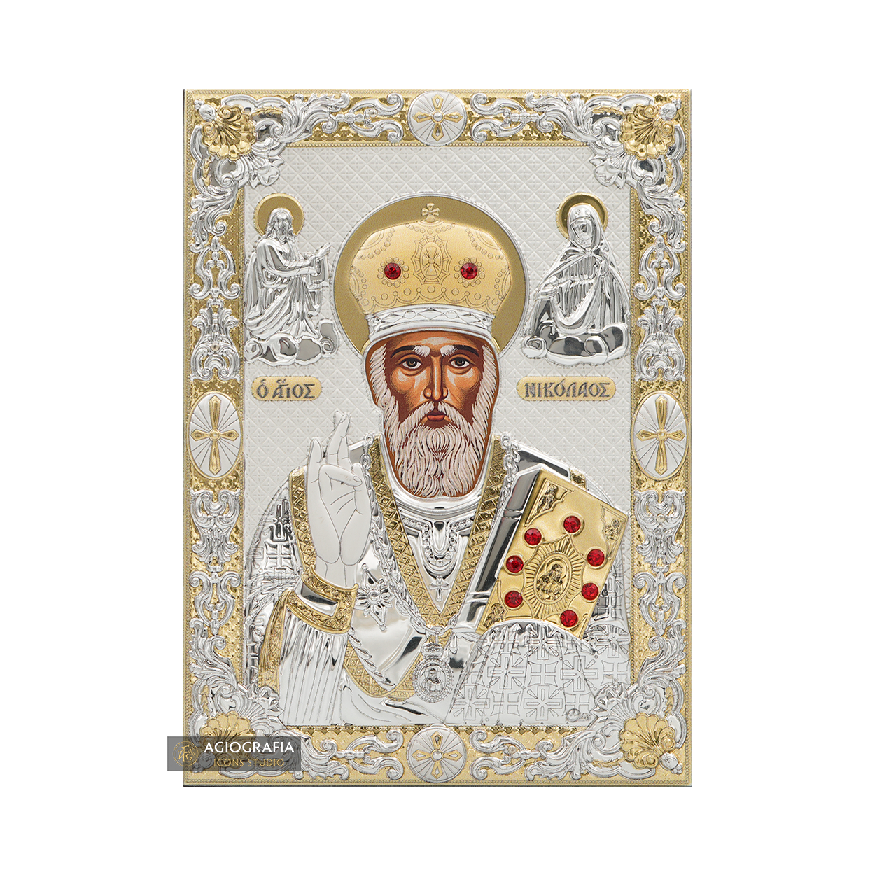 Saint Nicholas Silver Gold Plated Christian Icon on Wood