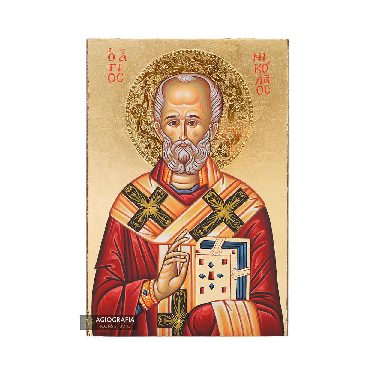 St. Nickolas Handwritten Icon with Gold Leaves and 24k Polished Halo