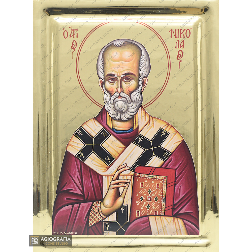 St Nicholas Byzantine Orthodox Wood Icon with Gilding Effect