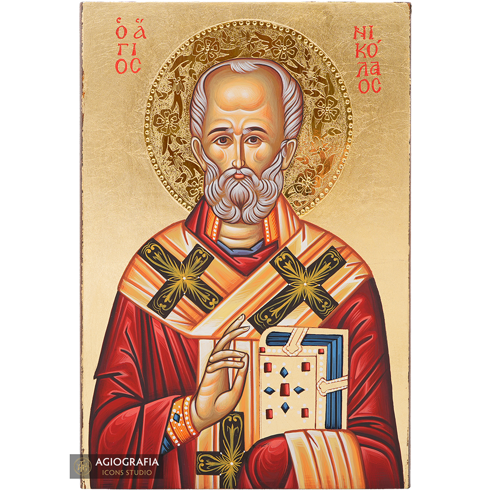 St. Nickolas Handwritten Icon with Gold Leaves and 24k Polished Halo