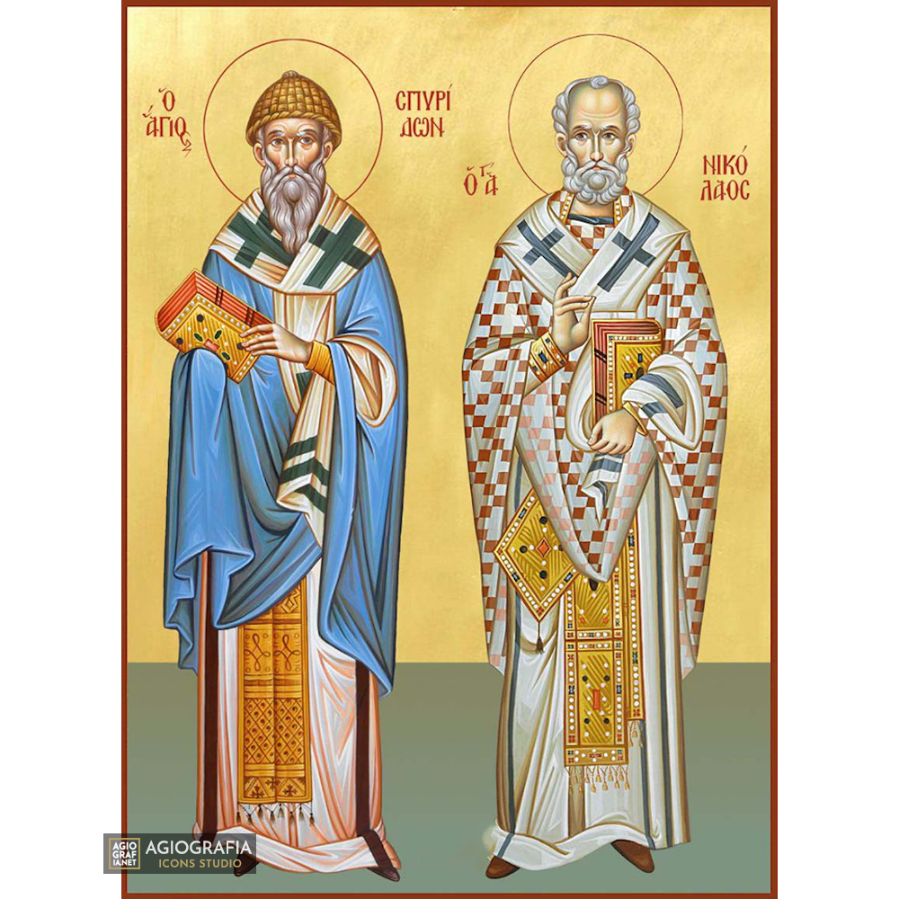 22k St Nicholas & Saint Spiridon - Gold Leaf Christian Orthodox Icon