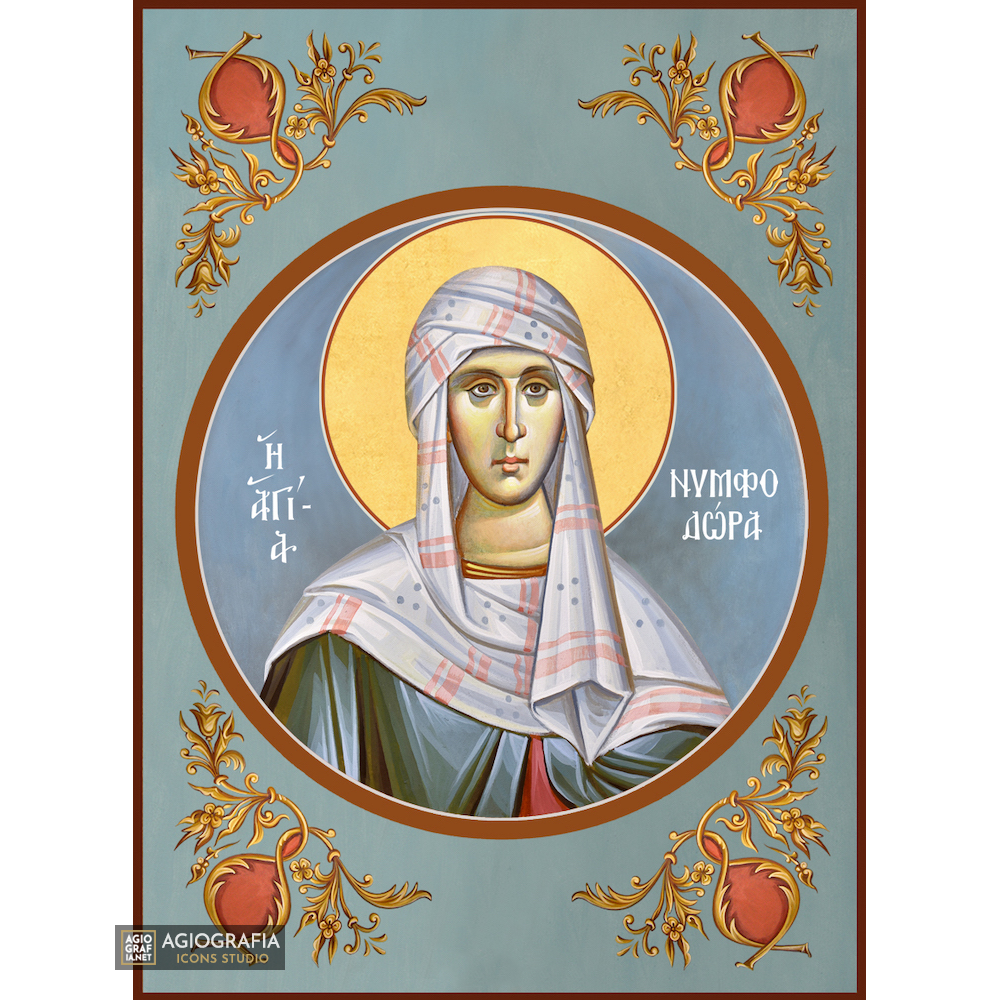 St Nimfodora Christian Byzantine Icon with Blue Background