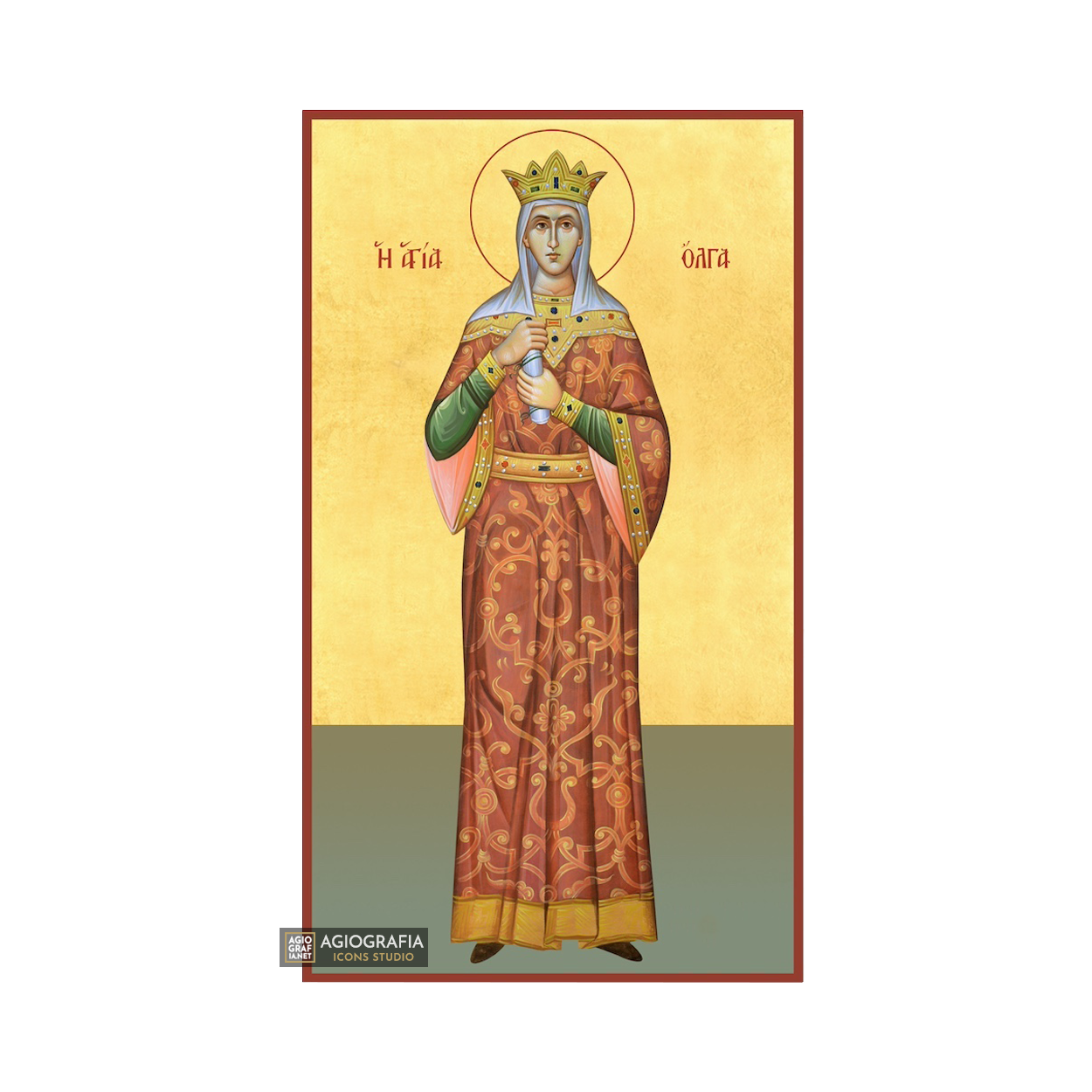 22k Saint Olga Christian Orthodox Icon with Gold Leaf Background