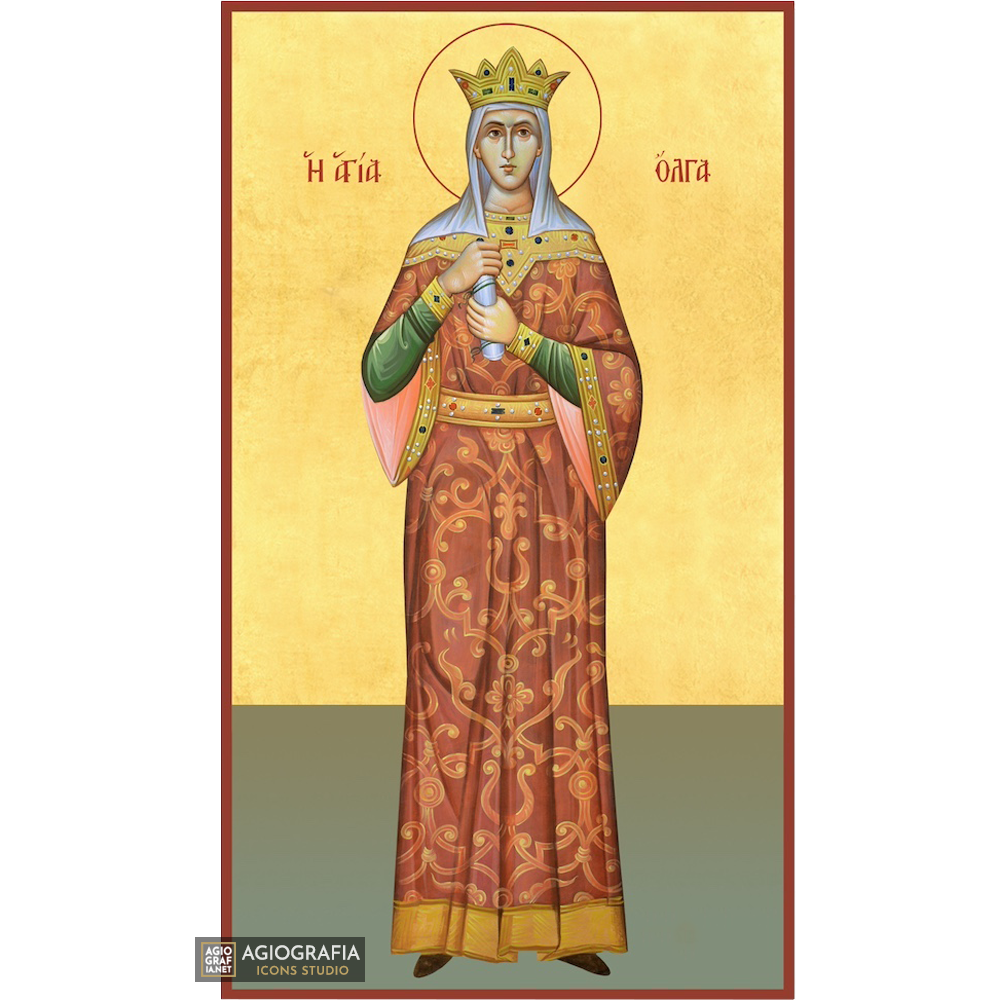 22k Saint Olga Christian Orthodox Icon with Gold Leaf Background