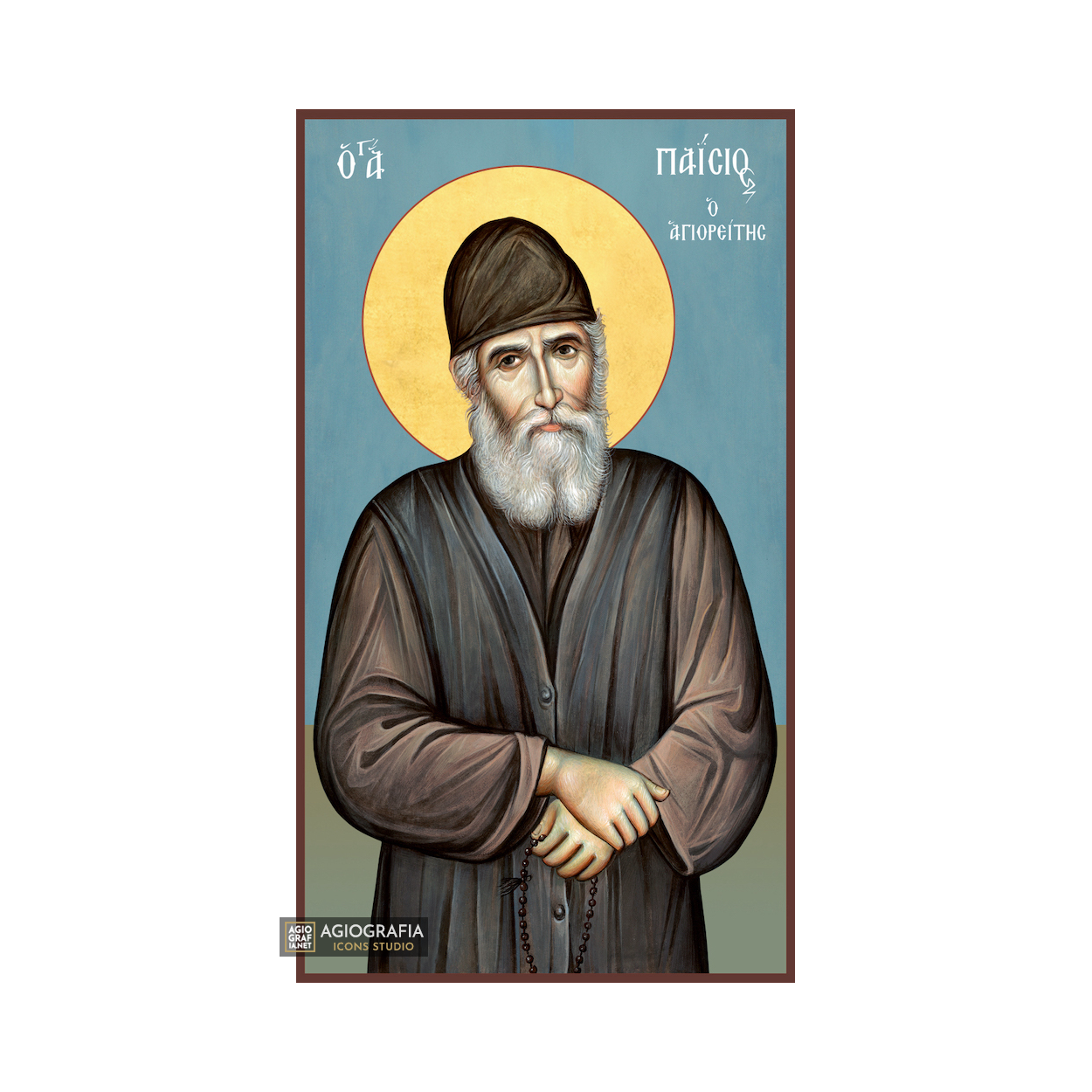 St Paisios Athonite Greek Orthodox Wood Icon with Blue Background