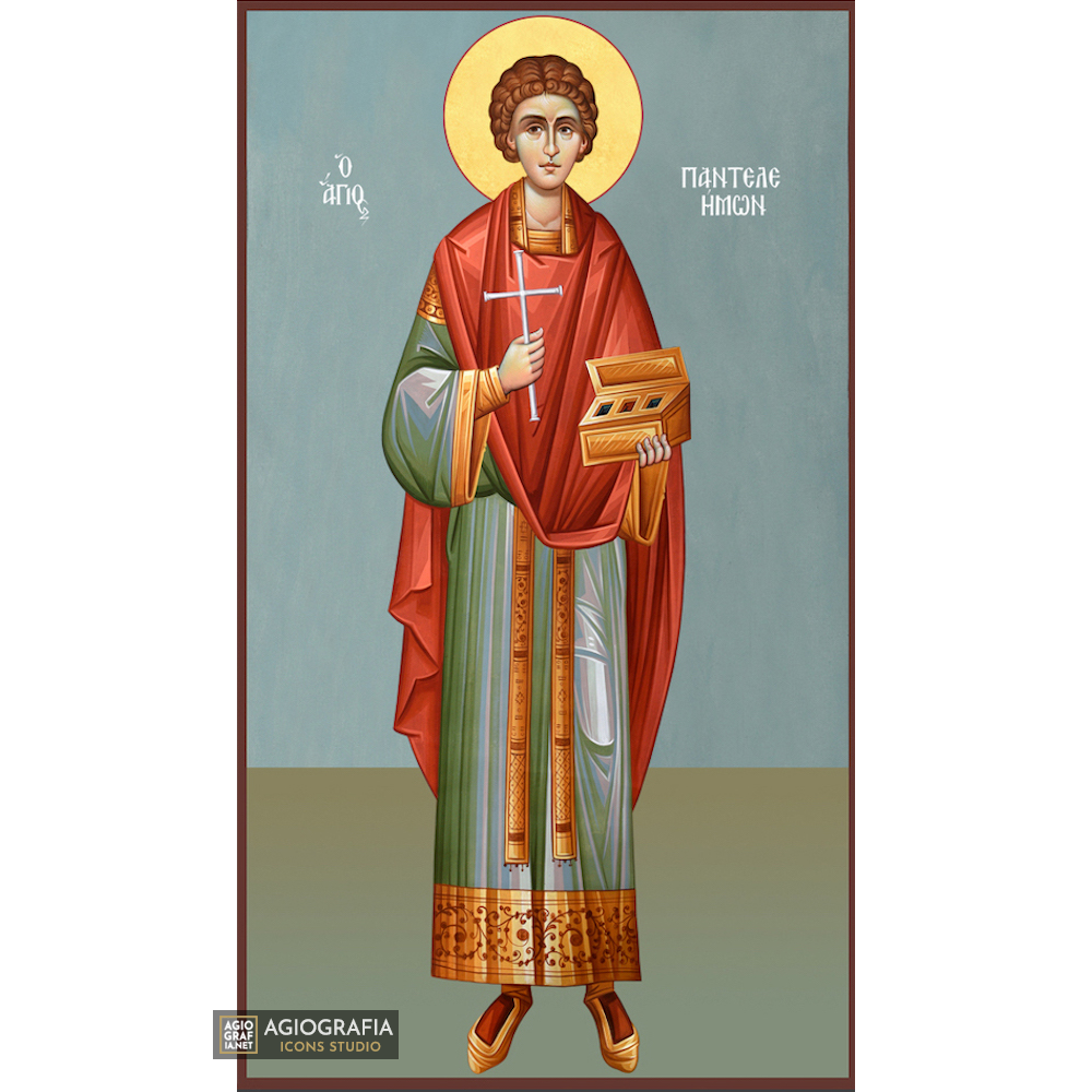 St Panteleimon Greek Orthodox Wood Icon with Blue Background