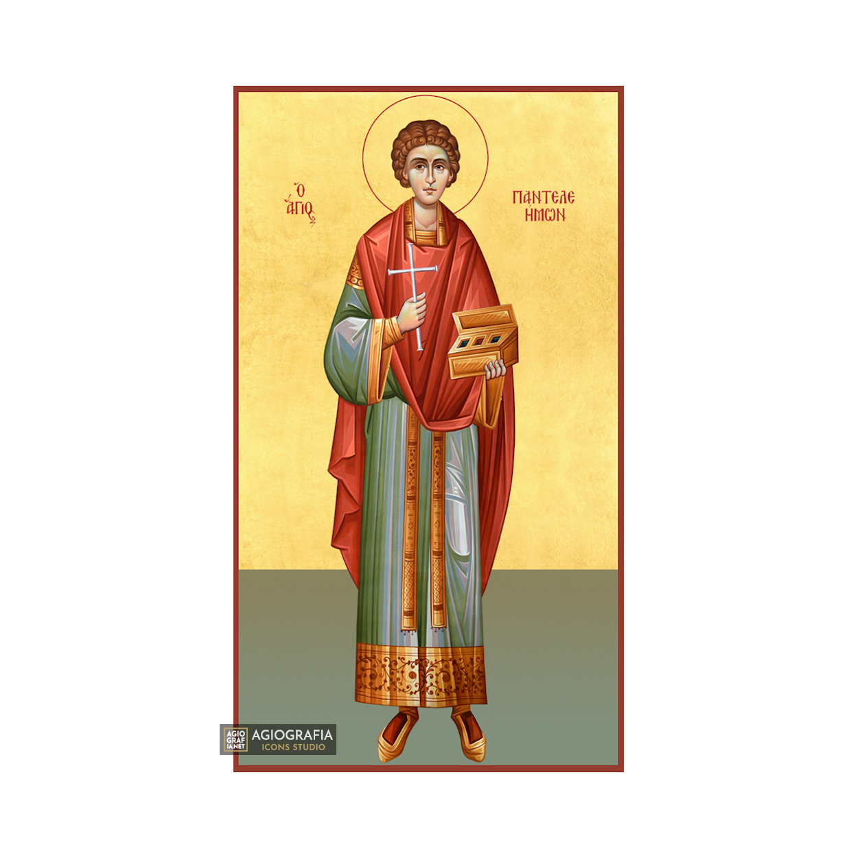 22k St Panteleimon - Gold Leaf Background Christian Orthodox Icon