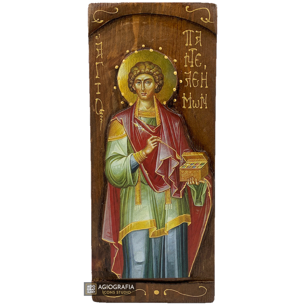St Panteleimon Christian Orthodox Gold Print Icon on Carved Wood