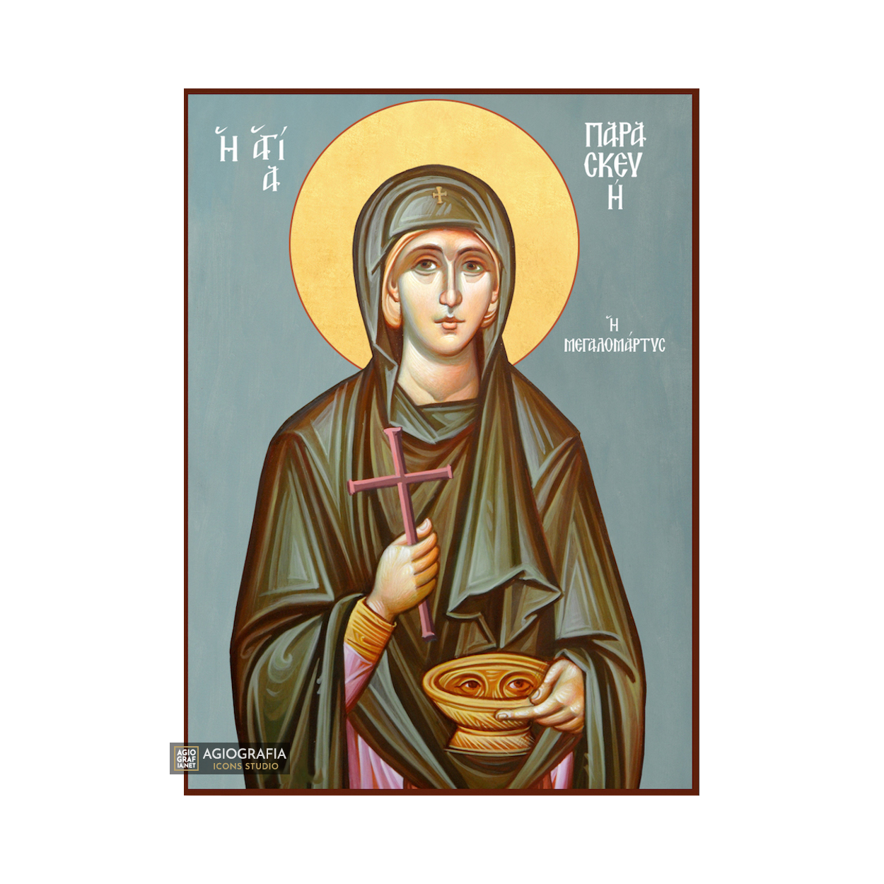 St Paraskeva Byzantine Christian Icon with Blue Background