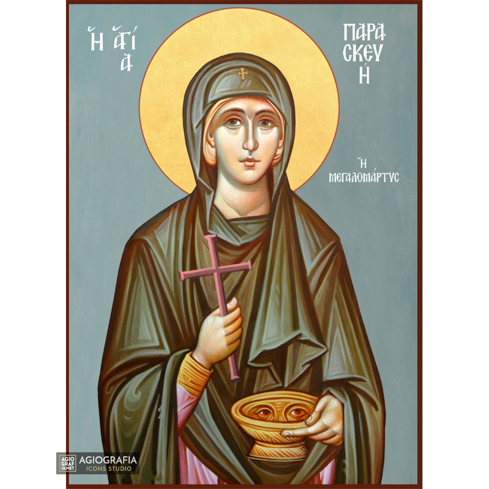 St Paraskeva Byzantine Christian Icon with Blue Background