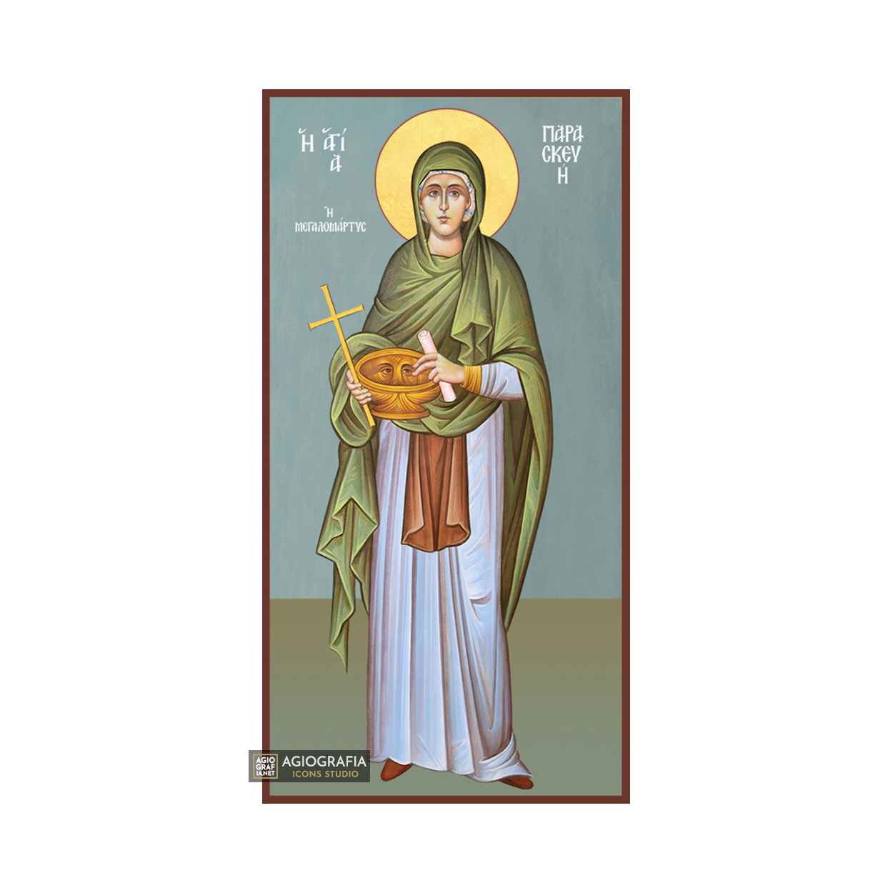 St Paraskeva Byzantine Greek Wood Icon with Blue Background