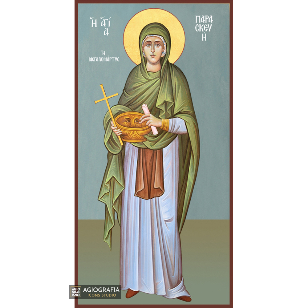 St Paraskeva Byzantine Greek Wood Icon with Blue Background