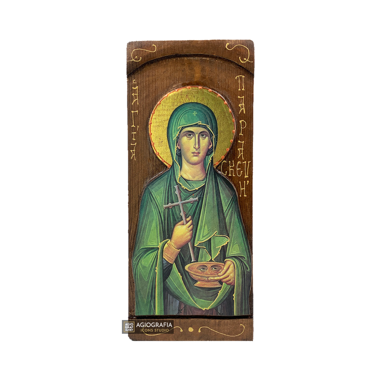 St Parasceva of Rome Byzantine Greek Gold Print Icon on Carved Wood