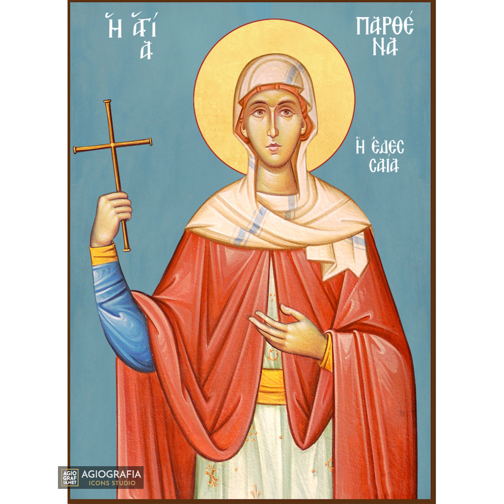 St Parthena of Edessa Christian Icon with Blue Background
