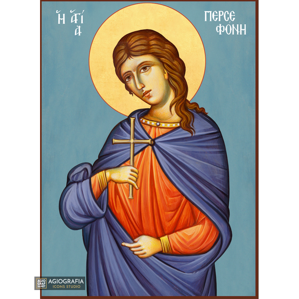 St Persephone Greek Orthodox Icon with Blue Background