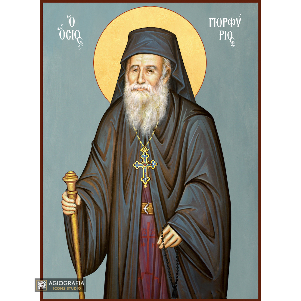 St Porphyrios Byzantine Christian Icon with Blue Background