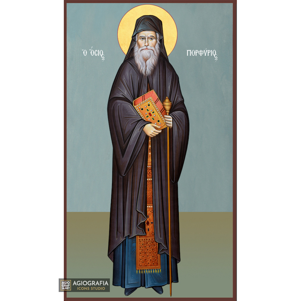 St Porphyrios Christian Byzantine Wood Icon with Blue Background