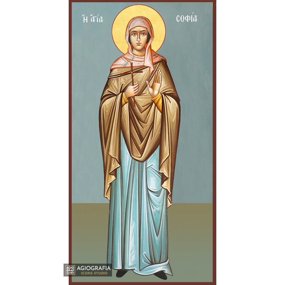 St Sophia Greek Orthodox Wood Icon with Blue Background