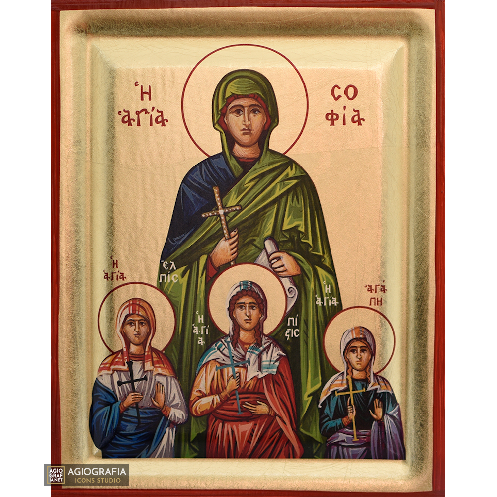 St Sophia & her three daughters Greek Icon with Gold Leaf