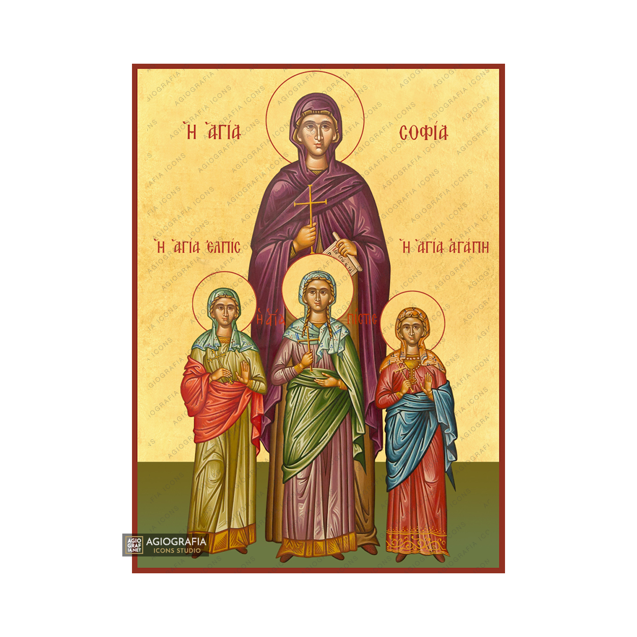 22k St Sophia & daughters - Exclusive Mt Athos Gold Leaf Greek Icon