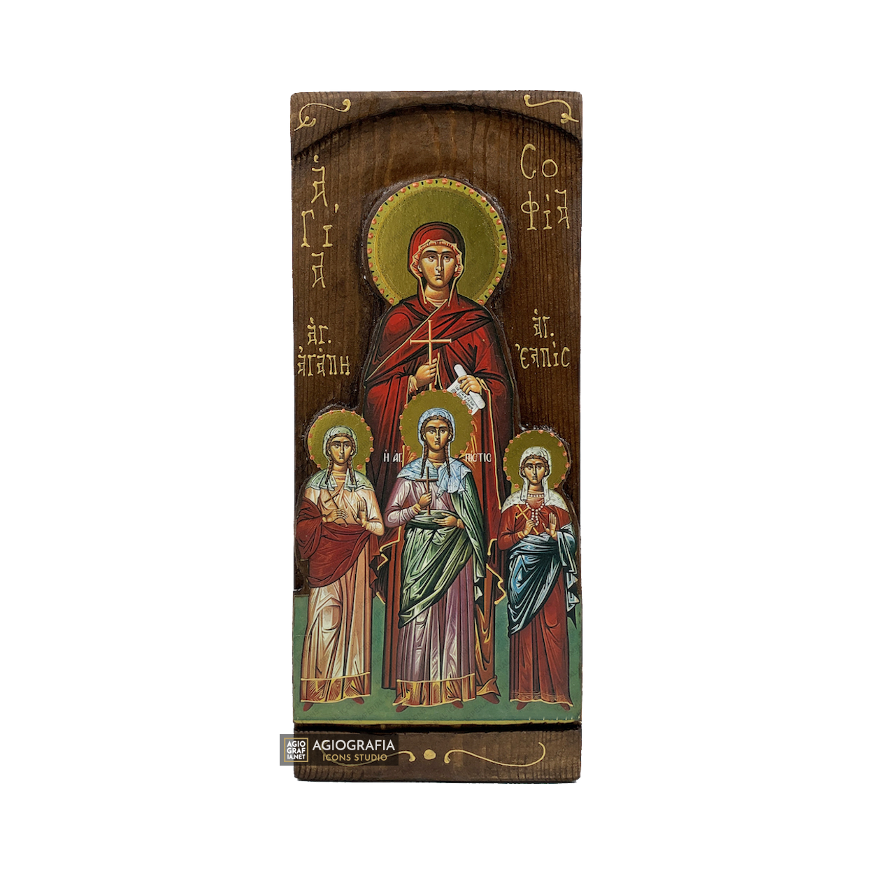 St Sophia and daughters Christian Gold Print Icon on Carved Wood