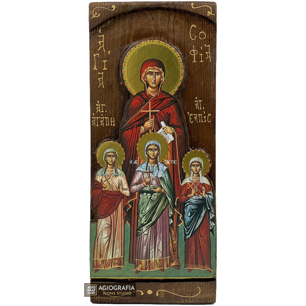 St Sophia and daughters Christian Gold Print Icon on Carved Wood