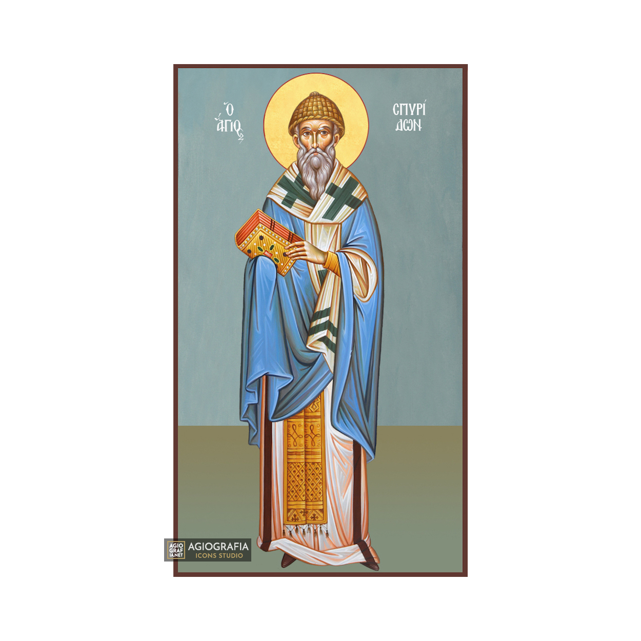 St Spiridon Christian Byzantine Wood Icon with Blue Background