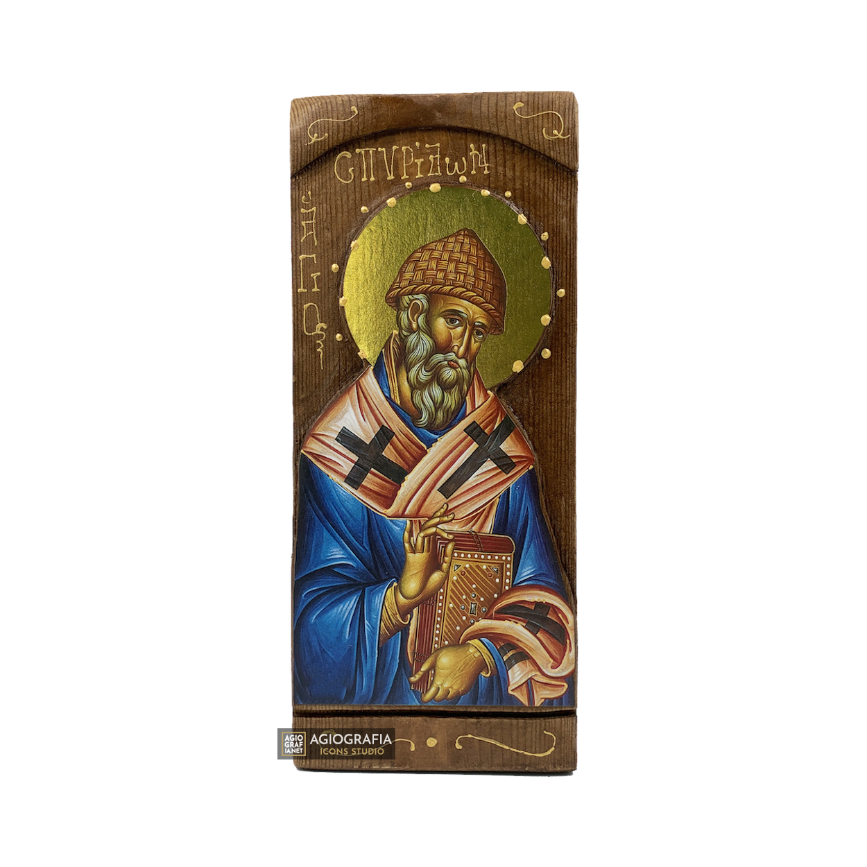 St Spyridon Byzantine Greek Gold Print Icon on Carved Wood