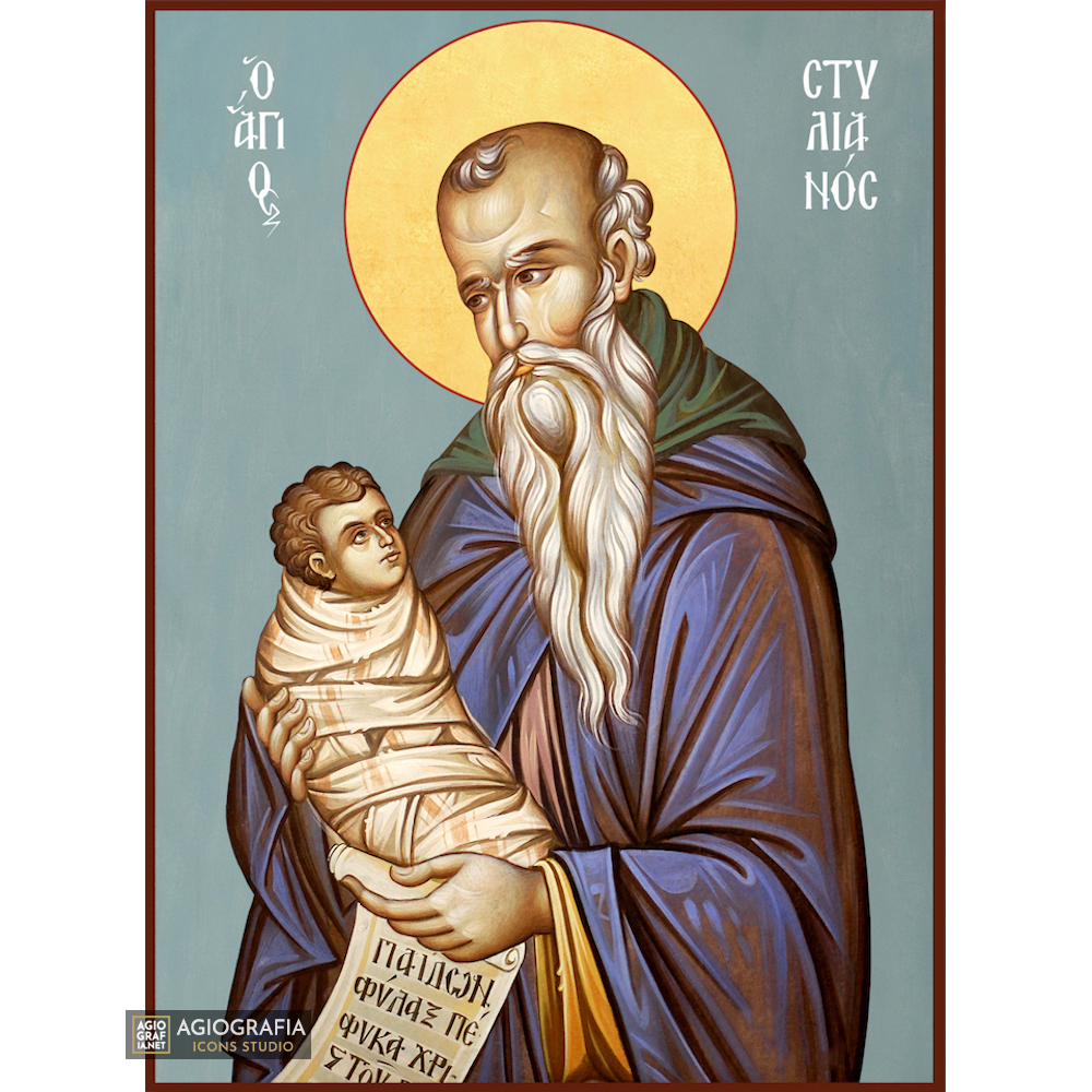 St Stilianus Christian Byzantine Icon with Blue Background