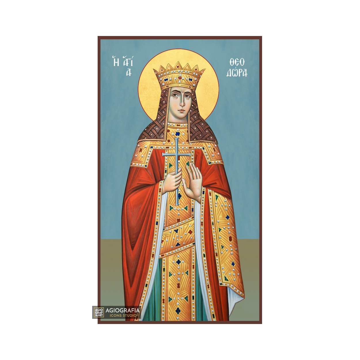 Saint Theodora Christian Orthodox Icon with Blue Background