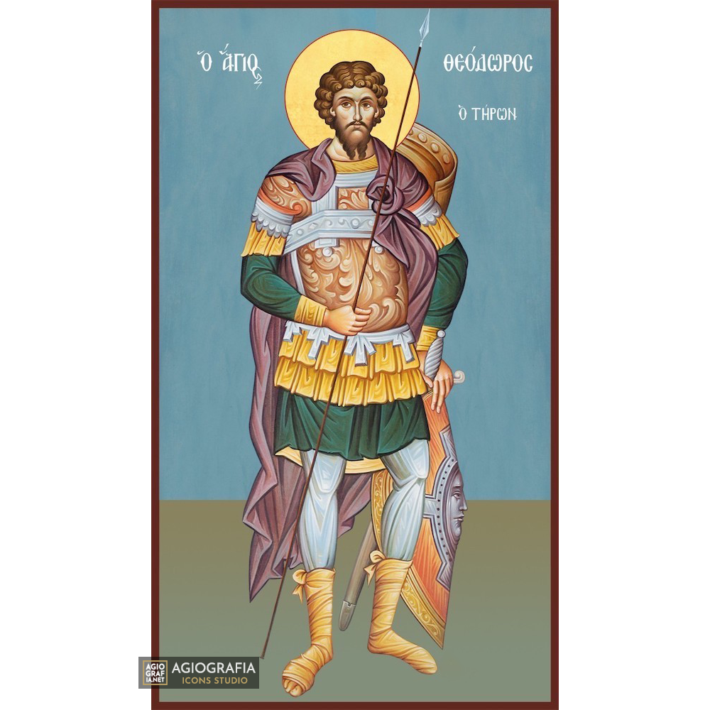 St Theodore of Tyro Orthodox Icon on Wood with Blue Background