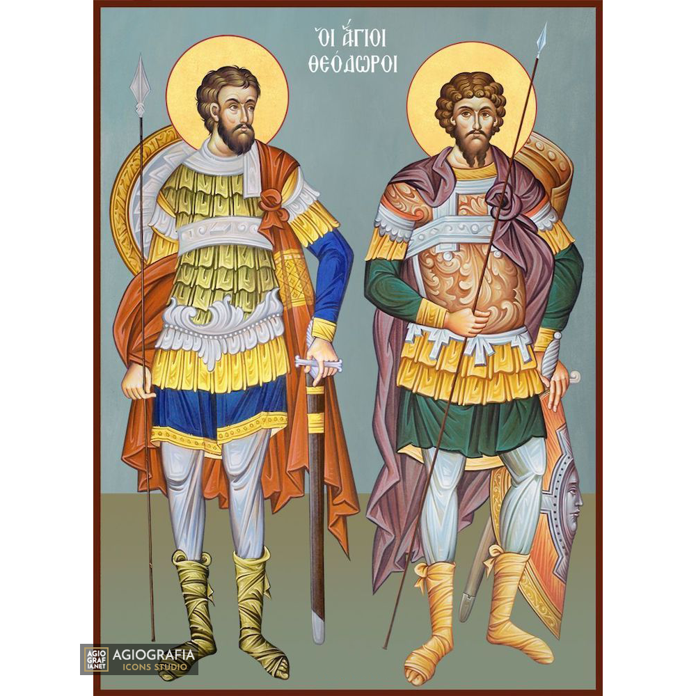Saints Theodores Stratelate & Tyro Greek Icon Blue Background