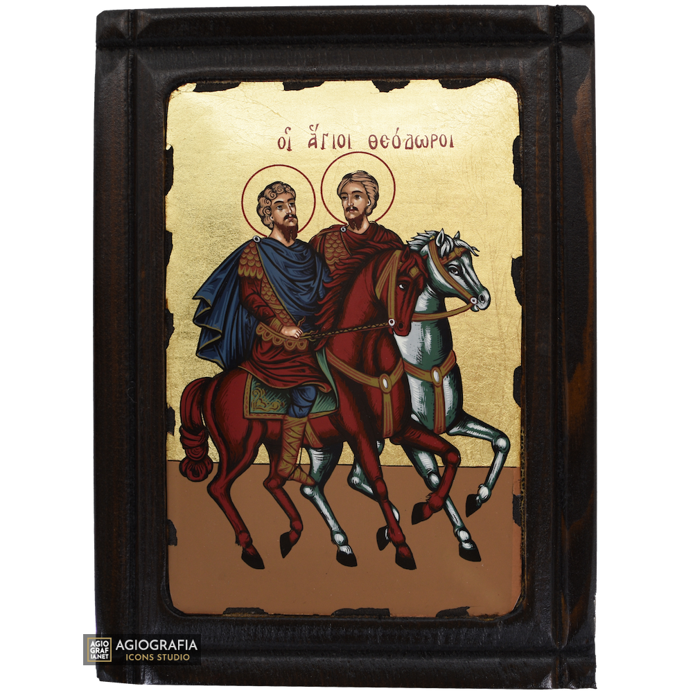 Saints Theodores Stratelate & Tyro Greek Icon on Wood with Gold Leaf