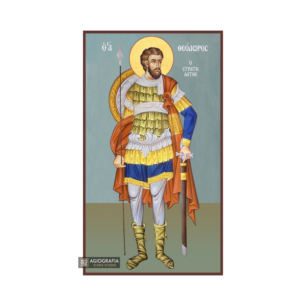 St Theodore the Stratelate Greek Icon on Wood with Blue Background