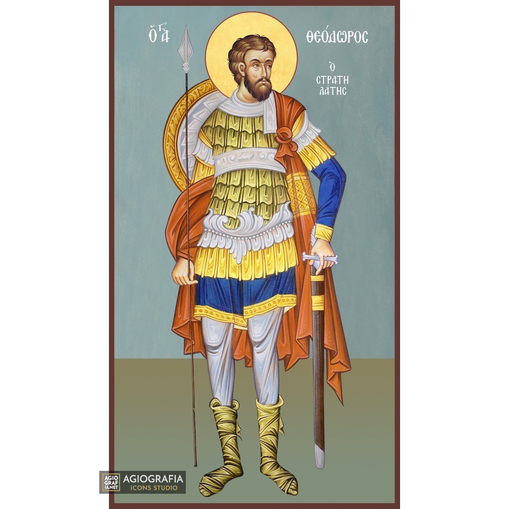 St Theodore the Stratelate Greek Icon on Wood with Blue Background