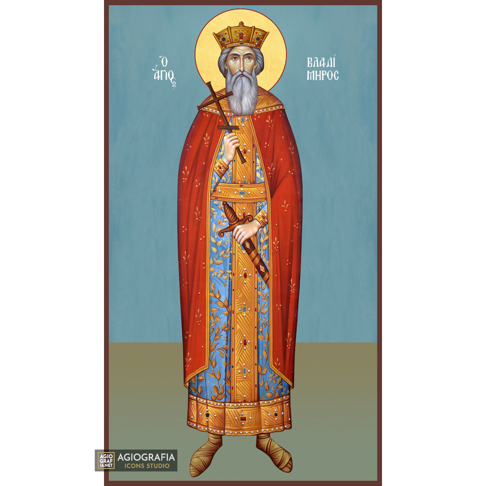 St Vladimir the King Greek Orthodox Wood Icon with Blue Background