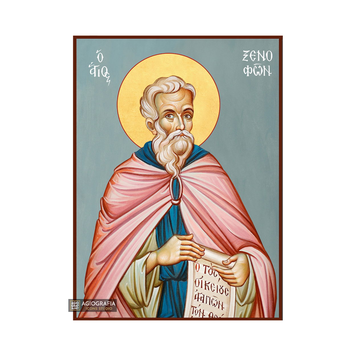 St Xenofon Christian Orthodox Icon with Blue Background