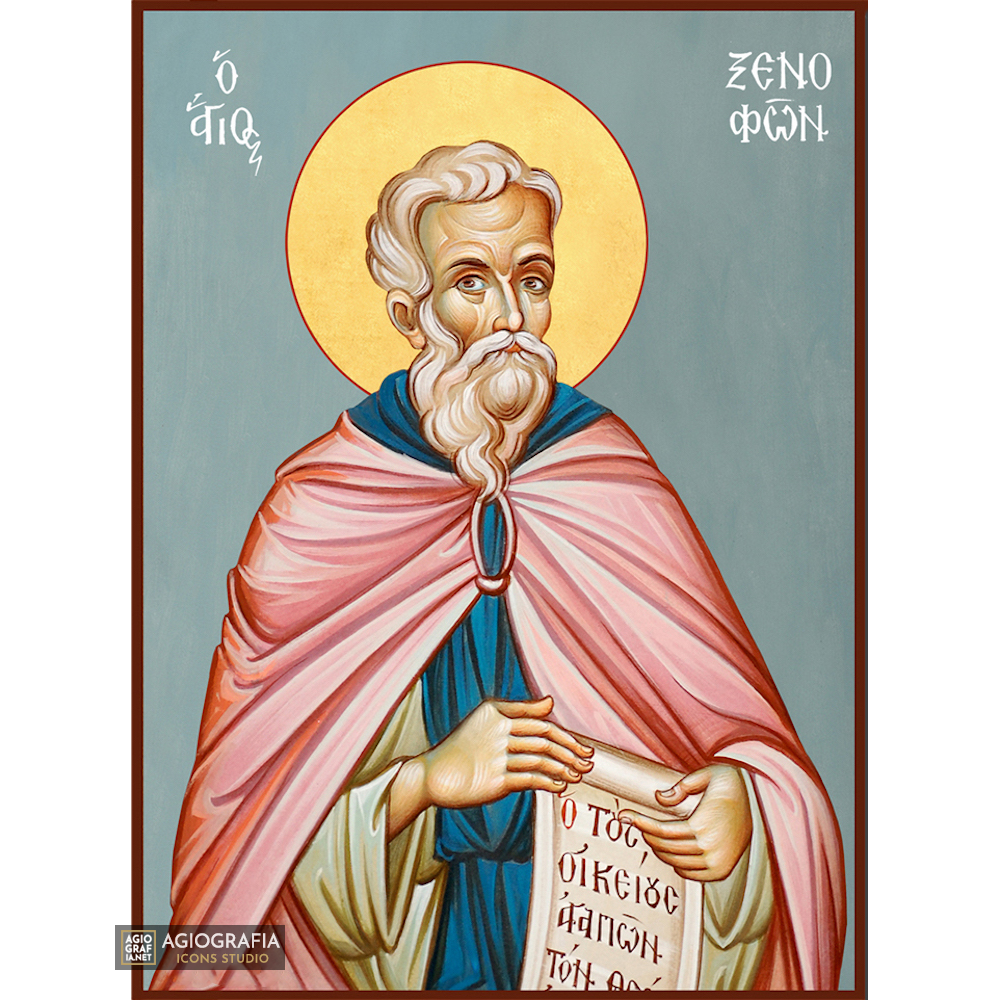 St Xenofon Christian Orthodox Icon with Blue Background