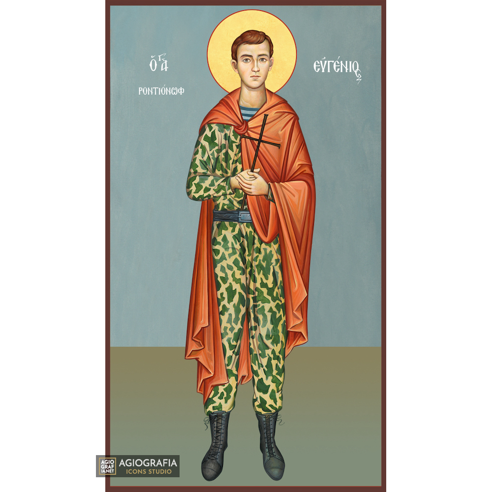 St Yevgeny Rodionov Orthodox Icon on Wood with Blue Background