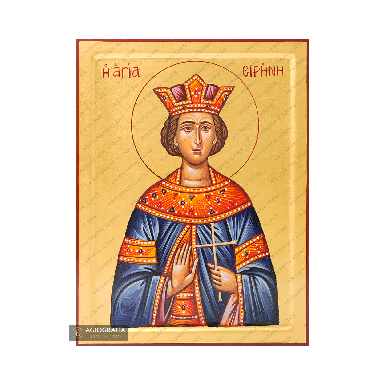 24k Saint Irene Handwritten Orthodox Icon with Gold Leaves