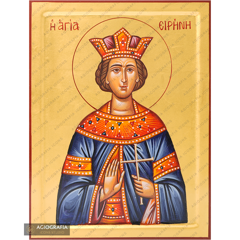 24k Saint Irene Handwritten Orthodox Icon with Gold Leaves