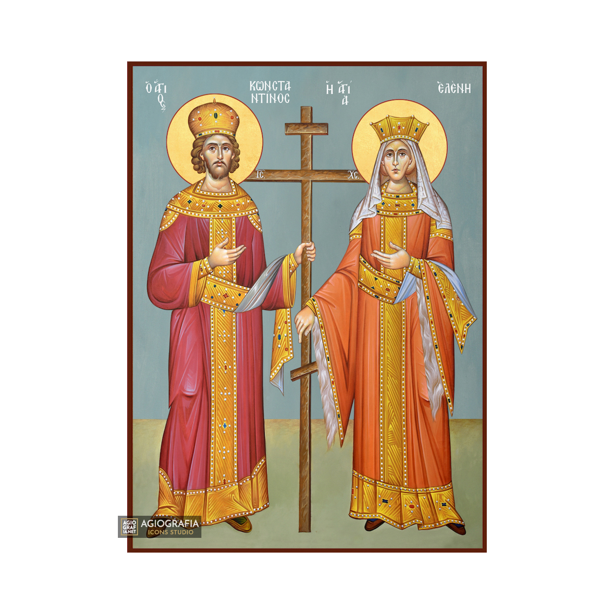 Saints Constantine & Helen Greek Icon with Blue Background