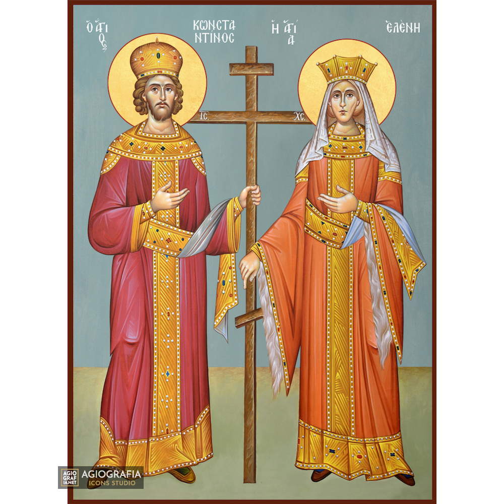 Saints Constantine & Helen Greek Icon with Blue Background